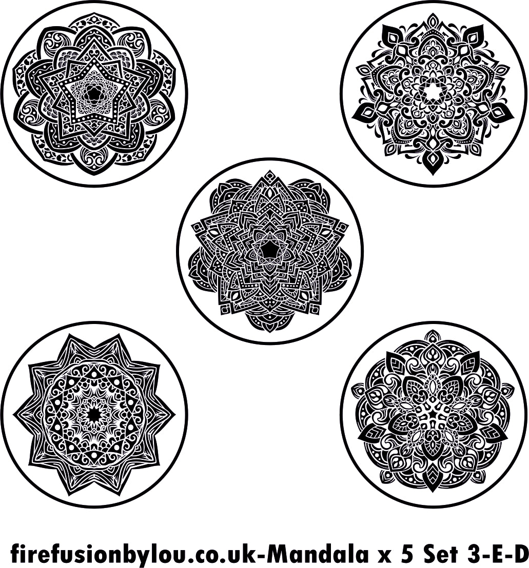 A embossed & debossed texture mat of five intricate mandala. This picture shows the texture mat pattern in black and white for use on metal clay or polymer clay.
