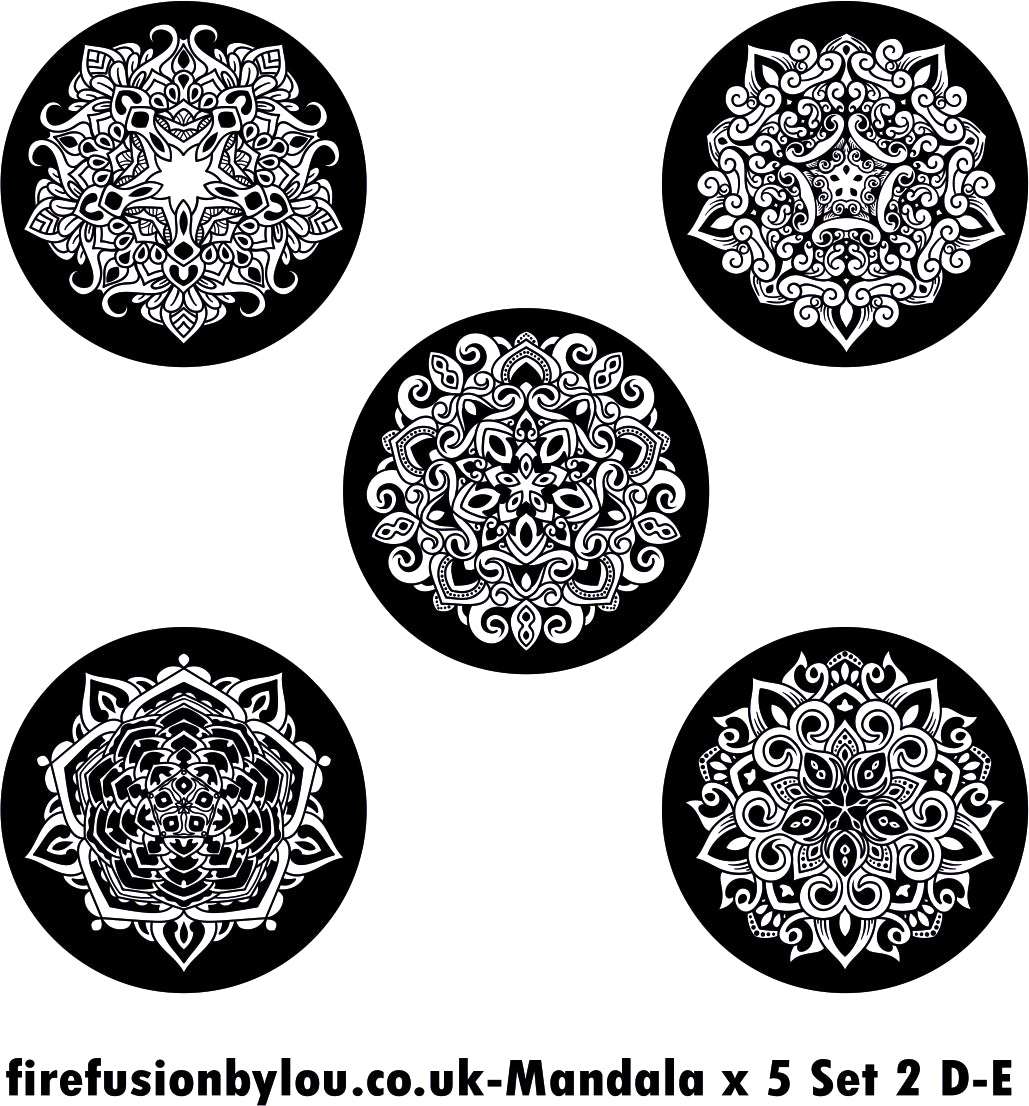 A debossed & embossed texture mat of five intricate mandala. This picture shows the texture mat pattern in black and white for use on metal clay or polymer clay.
