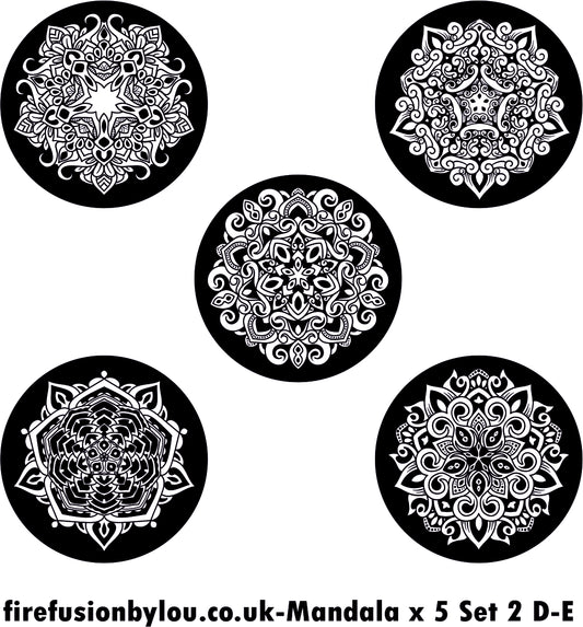 A debossed & embossed texture mat of five intricate mandala. This picture shows the texture mat pattern in black and white for use on metal clay or polymer clay.
