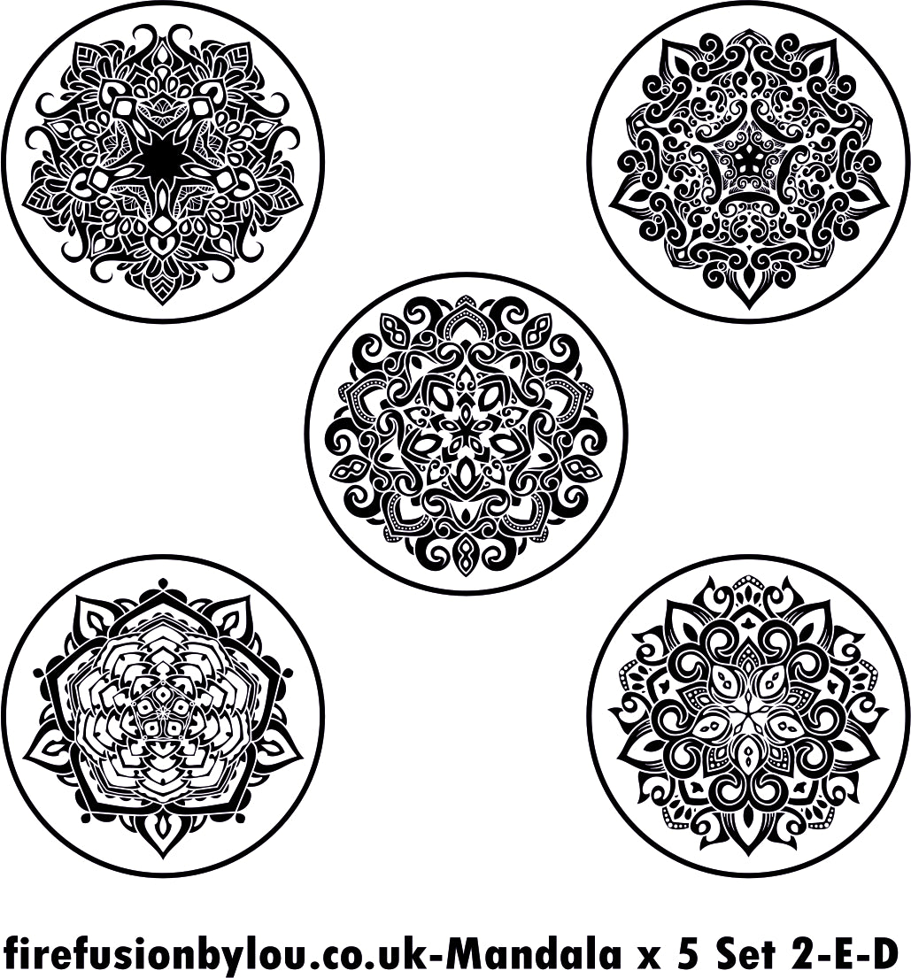 A embossed & debossed texture mat of five intricate mandala. This picture shows the texture mat pattern in black and white for use on metal clay or polymer clay.
