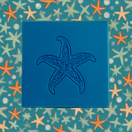 Blue starfish-shaped stamp on a decorative background with starfish pattern. Use on metal clay and polymer clay.