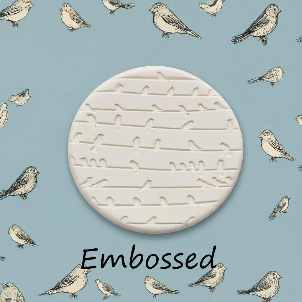  texture mat of birds on a wire debossed in clay using a embossed texture mat. This will give you an idea of what it will look like on metal clay or polymer clay.