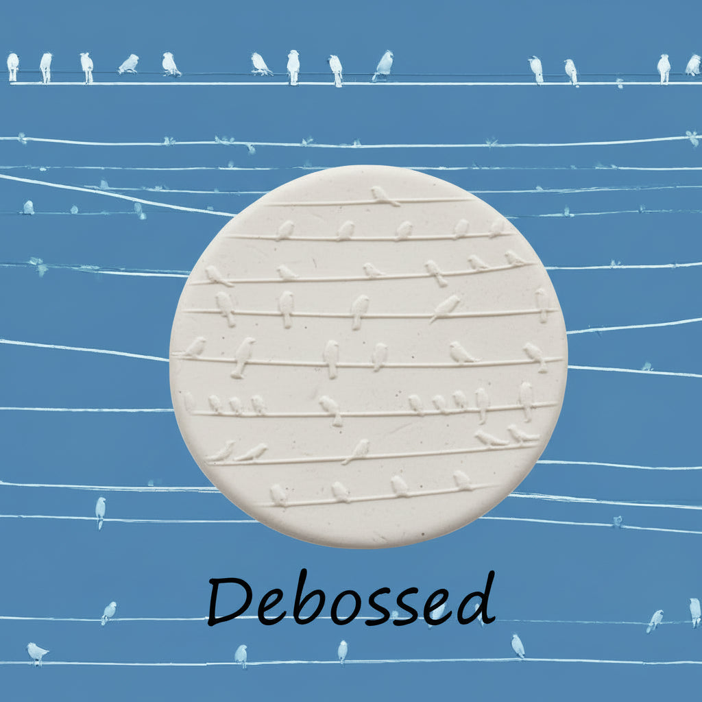  texture mat of birds on a wire embossed in clay using a debossed texture mat. This will give you an idea of what it will look like on metal clay or polymer clay.
