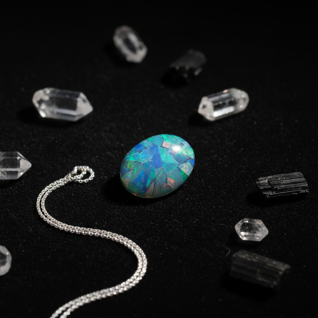 Opal with a chain with crystals on a black background