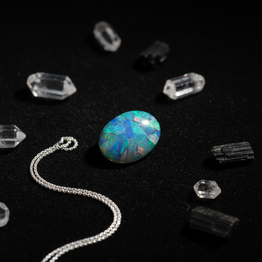 Opal with a chain with crystals on a black background