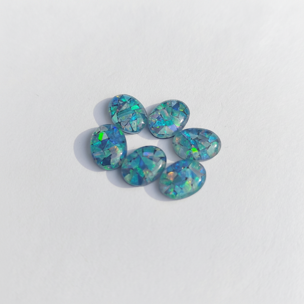 Opal stones with a blue-green iridescent color on a white background.