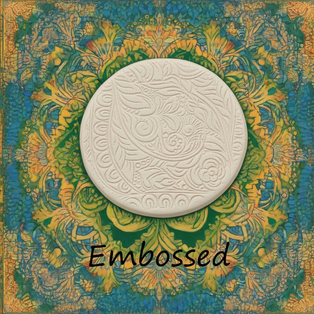 A flowery design debossed in clay Using a  embossed texture mat. This will give you an idea of what it will look like on metal clay or polymer clay.