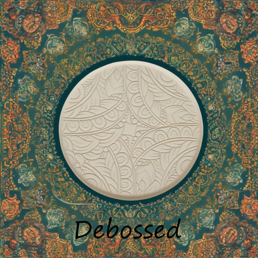 A flowery design embossed in clay Using a  debossed texture mat. This will give you an idea of what it will look like on metal clay or polymer clay.