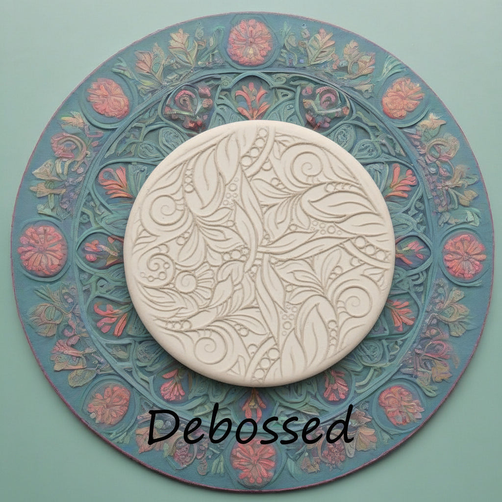 A flowery design embossed in clay using a  debossed texture mat. This will give you an idea of what it will look like on metal clay or polymer clay.