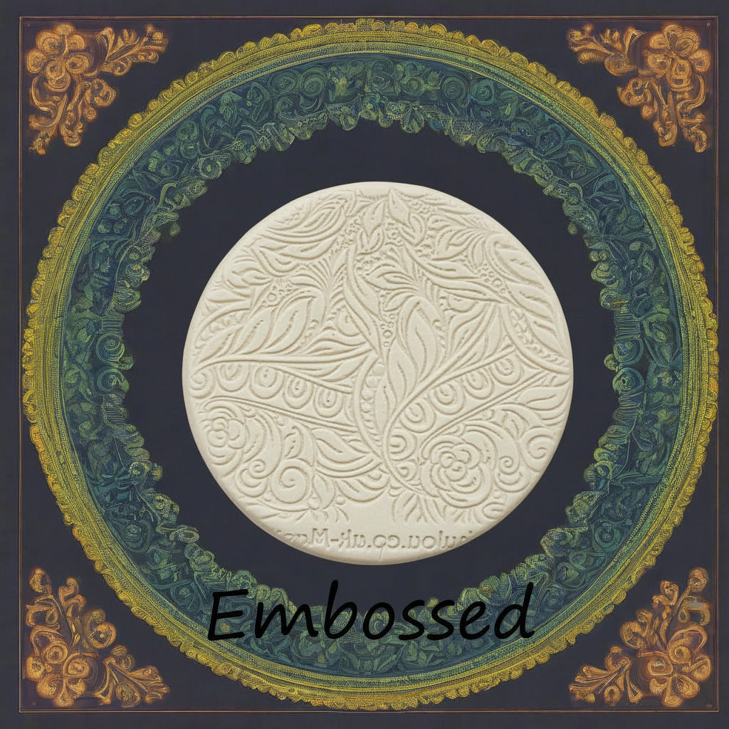 A flowery design debossed inclay using a  embossed texture mat. This will give you an idea of what it will look like on metal clay or polymer clay.