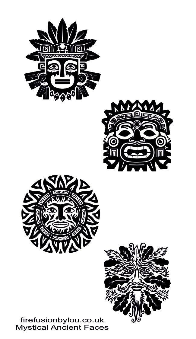 Four black and white stylized ancient mask designs arranged on a white background, with the text 'firefusionbylou.co.