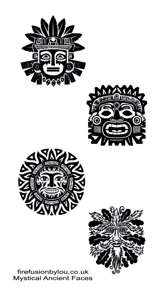 Four black and white stylized ancient mask designs arranged on a white background, with the text 'firefusionbylou.co.