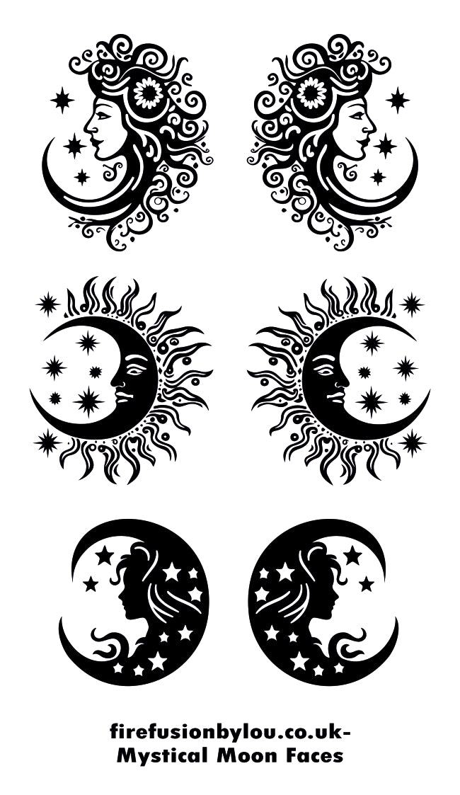 Six black mystical moon face designs arranged on a white background, with decorative sun and star motifs in some designs and text at the bottom reading 'firefusionbylou.co.uk