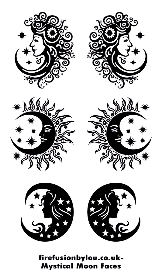 Six black mystical moon face designs arranged on a white background, with decorative sun and star motifs in some designs and text at the bottom reading 'firefusionbylou.co.uk