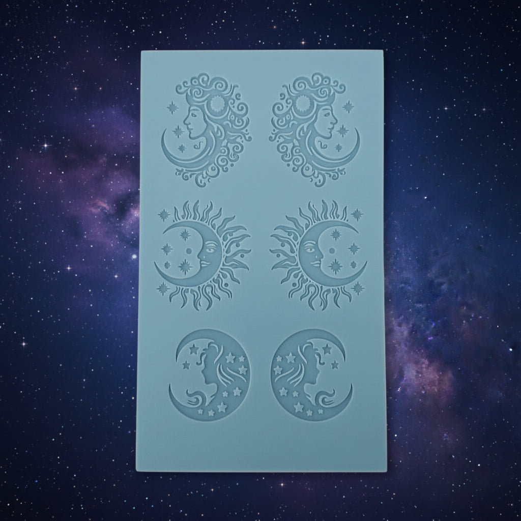 A texture tile featuring six embossed celestial designs, including suns, moons, and stars in various ornate patterns.