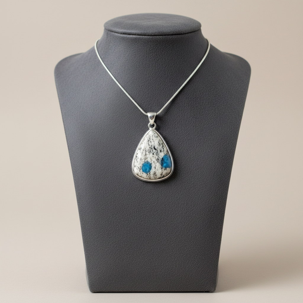 Necklace with a teardrop-shaped pendant on a gray mannequin bust.