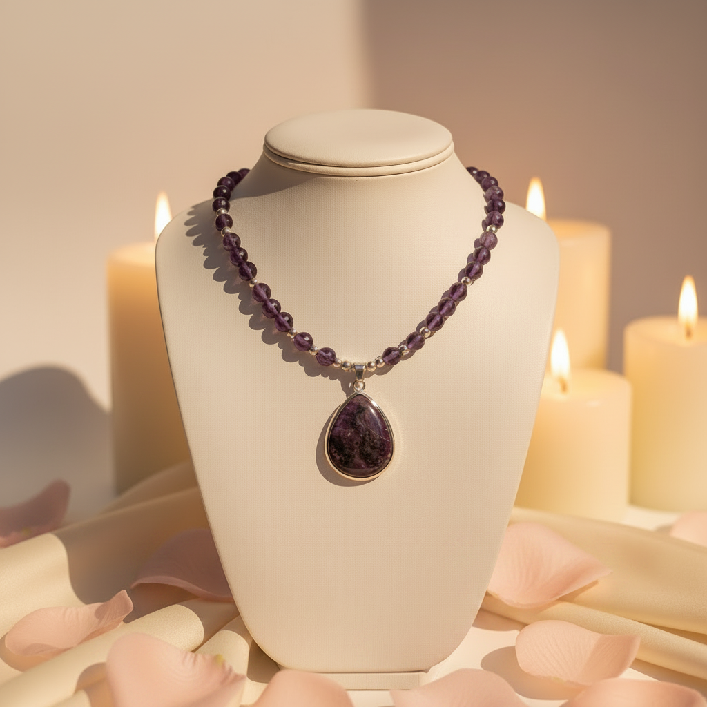 Purple beaded necklace on a mannequin bust with candles in the background
