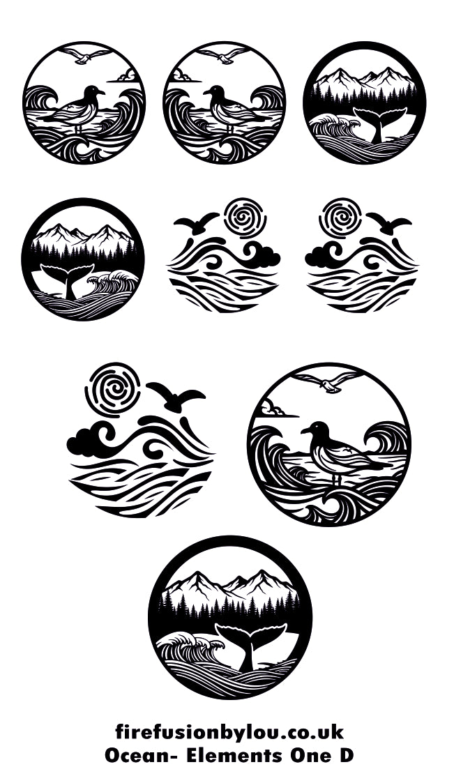 A sheet of black circular ocean-themed graphic designs on a white background, including waves, birds, mountains, and whale tail motifs, with the text 'firefusionbylou.co.uk