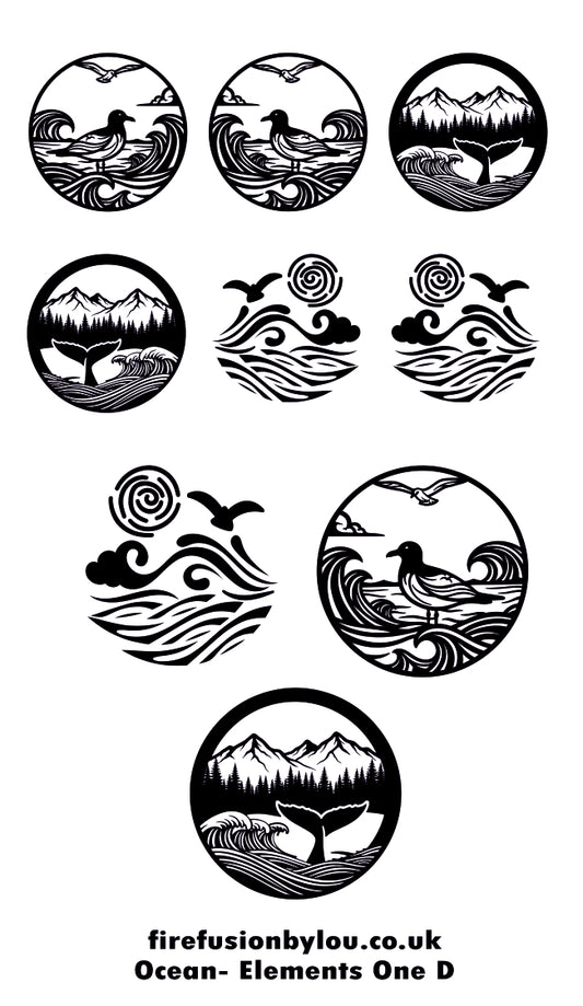 A sheet of black circular ocean-themed graphic designs on a white background, including waves, birds, mountains, and whale tail motifs, with the text 'firefusionbylou.co.uk