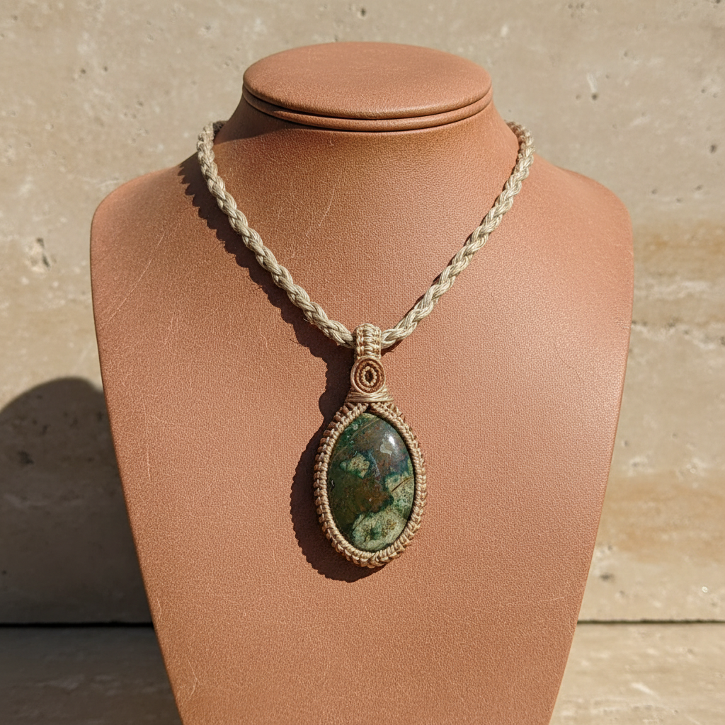 Necklace with a green pendant on a mannequin bust against a stone wall.