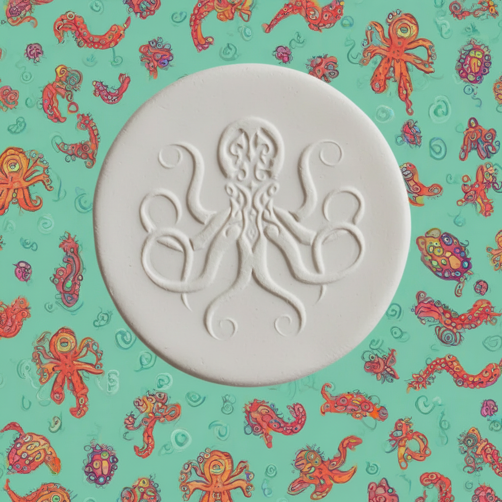 Octopus embossed in clay Using a  debossed texture mat. 