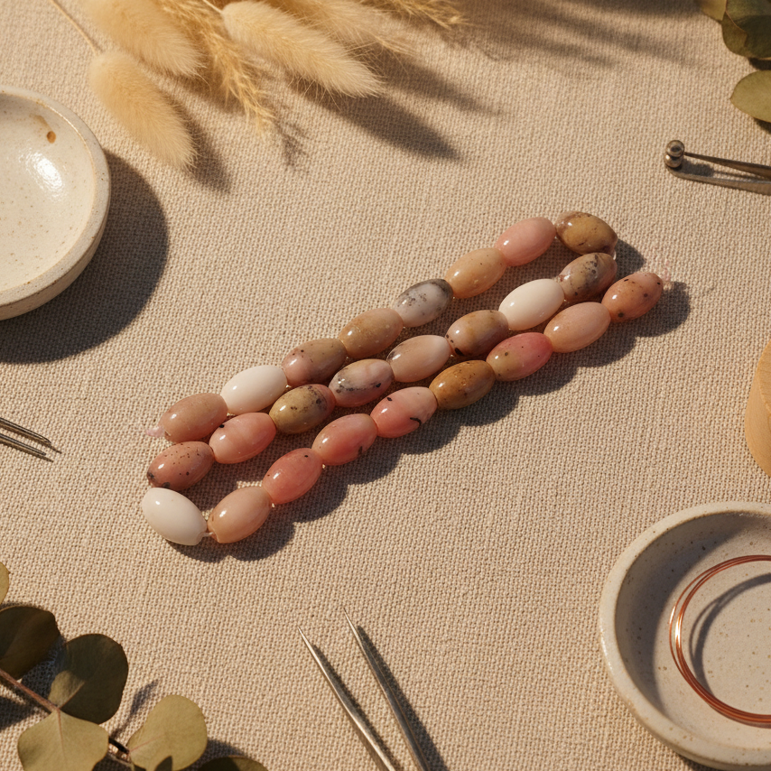 Necklace with multicolored beads on a textured surface with plants and ceramic items.