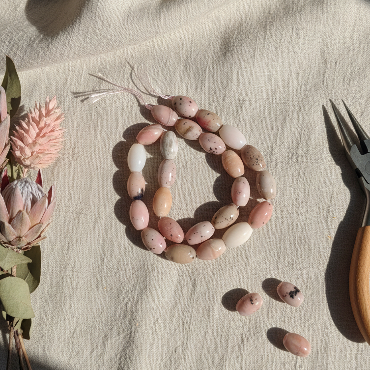 Beaded bracelet with pink stones on a textured surface with flowers and pliers.