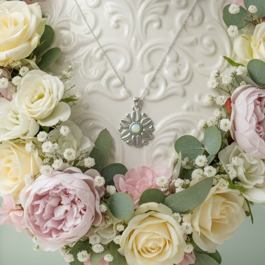 A silver-toned flower-shaped pendant necklace with a light blue iridescent center, displayed on a textured white background surrounded by pink and cream roses and green leaves.