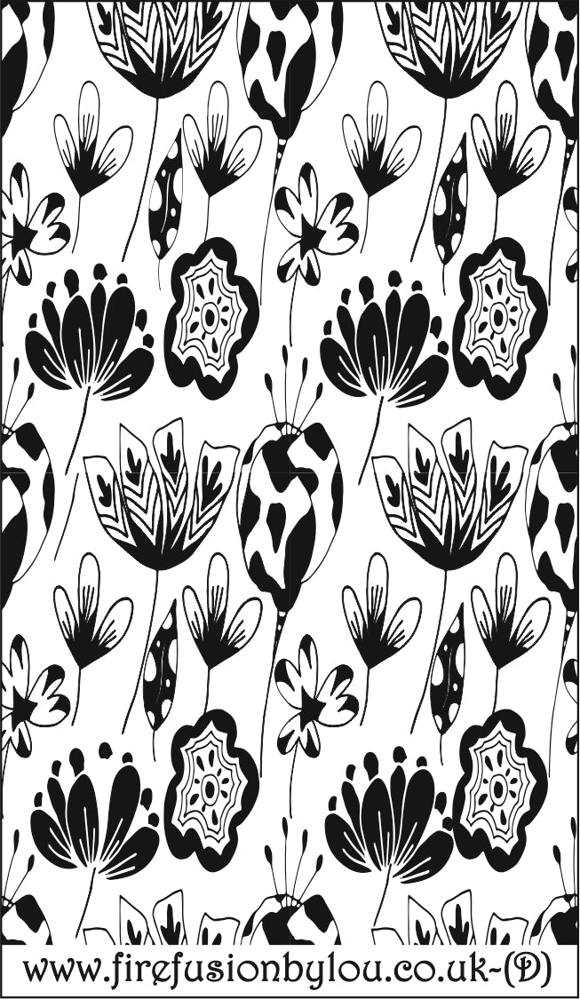 A debossed texture mat of flowers. This picture shows the texture mat pattern in black and white for use on metal clay or polymer clay.