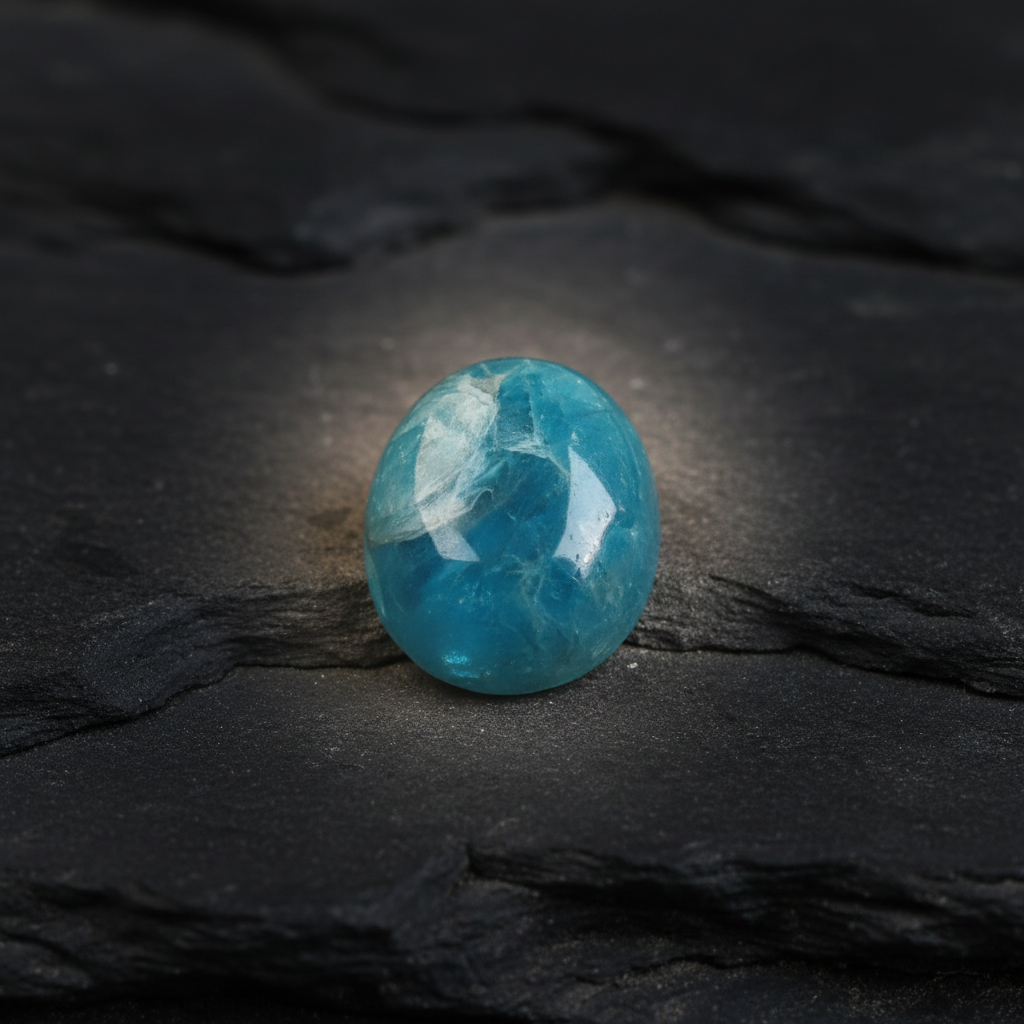 Blue gemstone on a dark stone surface