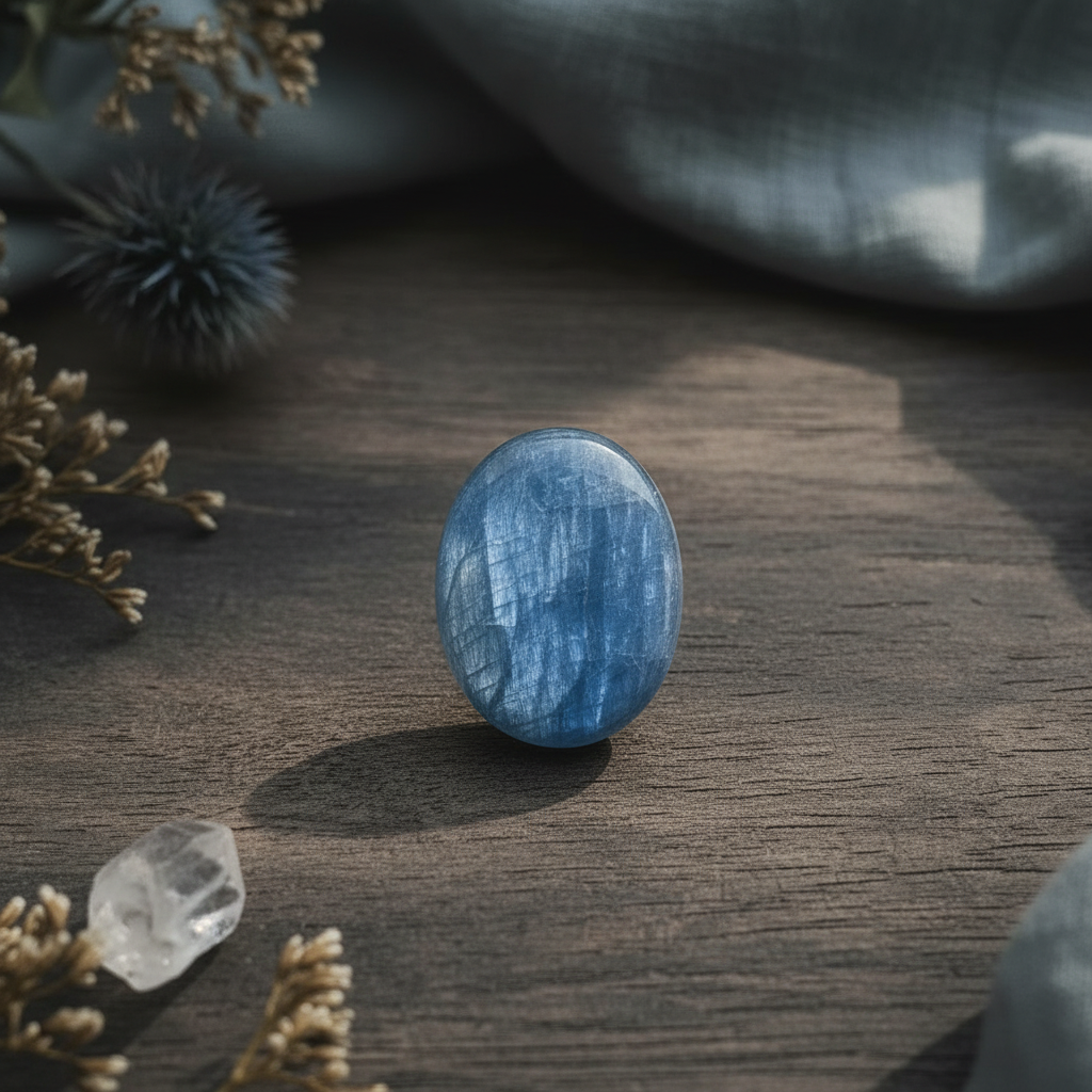Blue stone on a wooden surface with dried plants and crystals