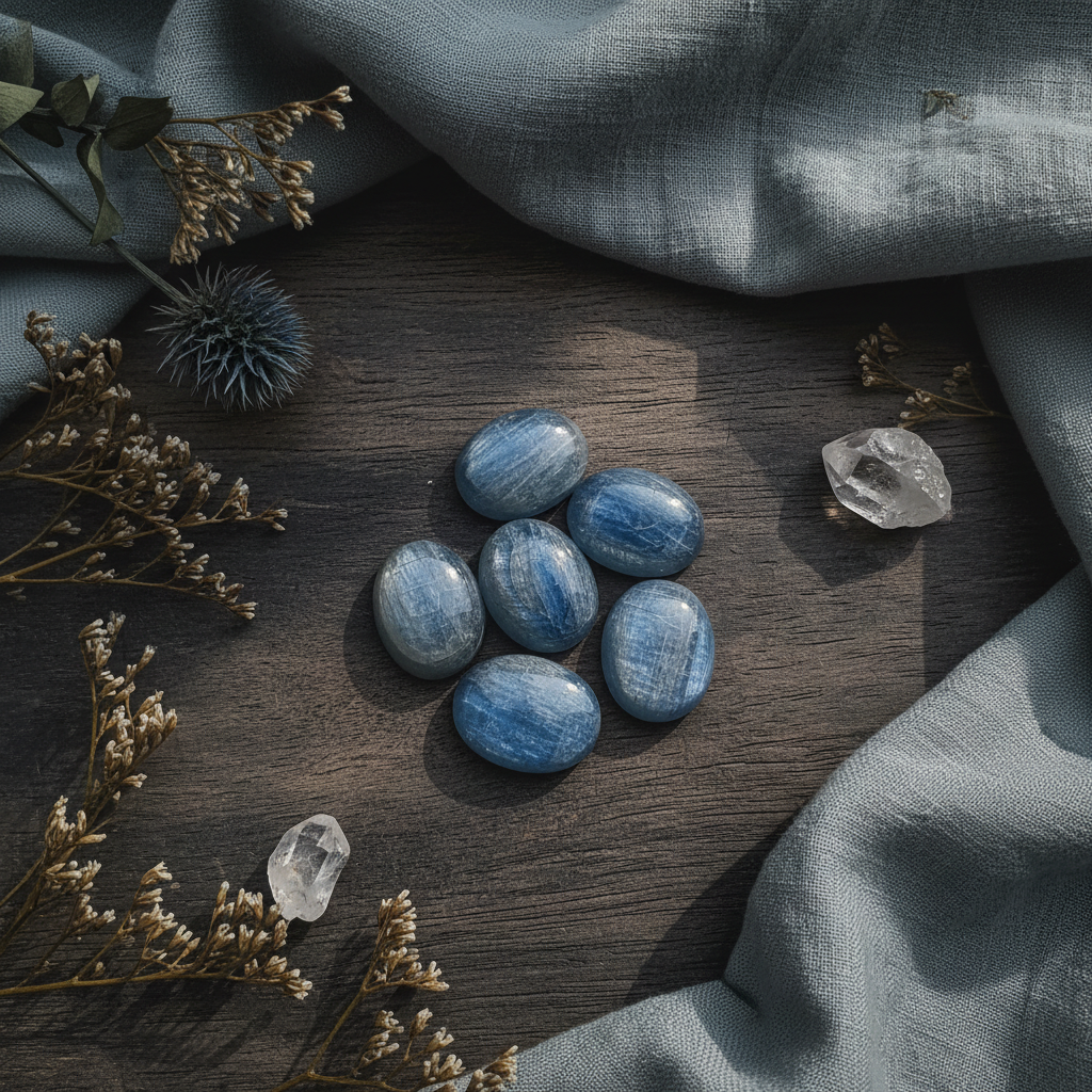 Blue stones on a wooden surface with greenery and fabric