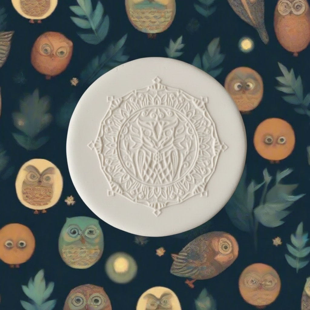 Owl embossed in clay with a background of cartoon owls. 