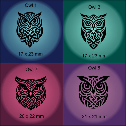 Four owl designs with dimensions on a colorful background