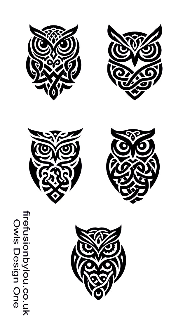 Four black owl illustrations with intricate tribal or geometric patterns on a white background, with vertical text reading 'firefusionbyou.co.