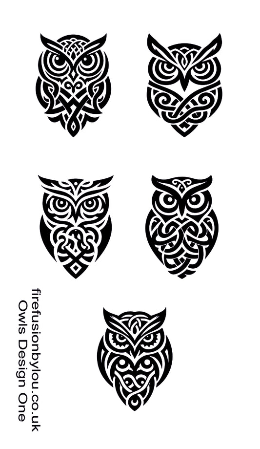 Four black owl illustrations with intricate tribal or geometric patterns on a white background, with vertical text reading 'firefusionbyou.co.