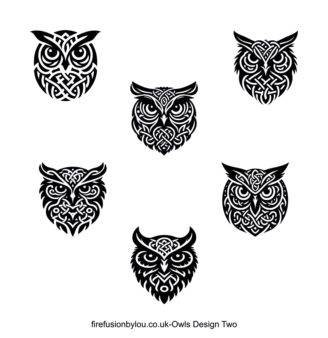 Six black owl head designs with intricate Celtic knot patterns arranged on a white background, with the text 'firefusionbylou.co.
