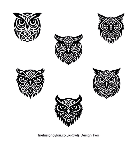 Six black owl head designs with intricate Celtic knot patterns arranged on a white background, with the text 'firefusionbylou.co.