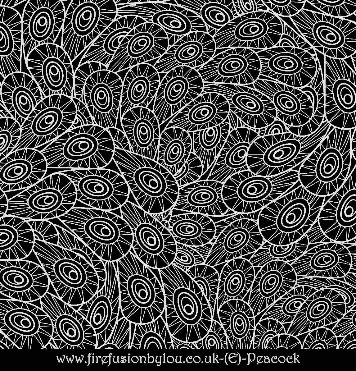 A peacock pattern embossed texture mat in grey material. This picture shows the texture mat pattern in black and white for use on metal clay or polymer clay.