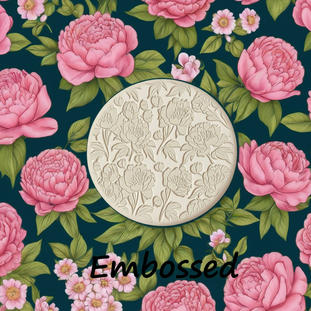 debossed clay on a floral pattern with pink flowers and green leaves.