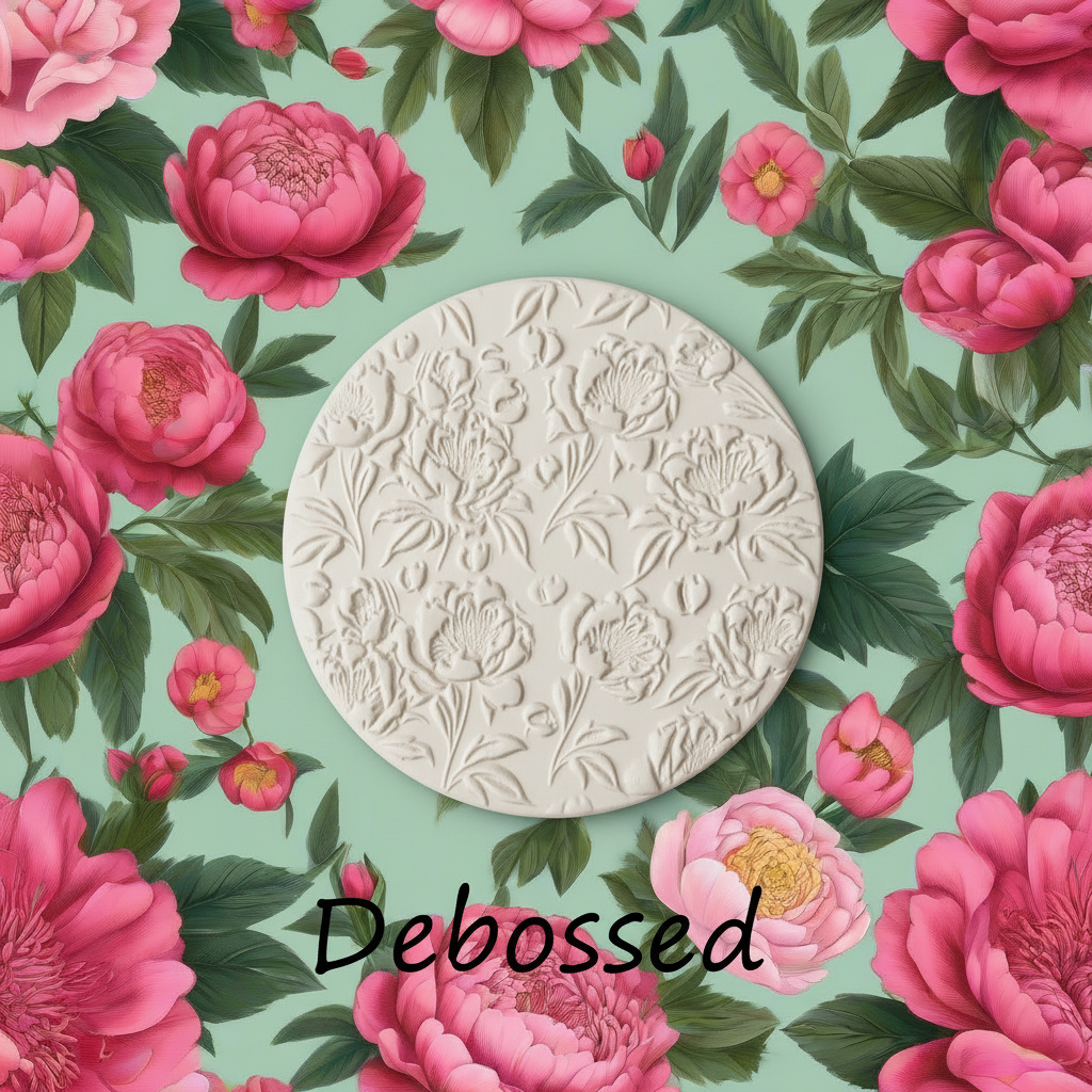 embossed clay on a floral pattern with pink flowers and green leaves.
