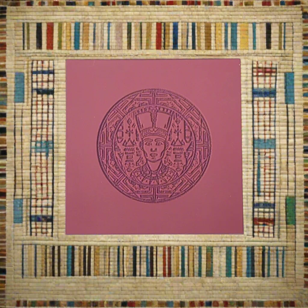 A square textile art piece featuring a central pink square with a purple circular hieroglyphic design, surrounded by a multicolored striped woven border on a beige background.