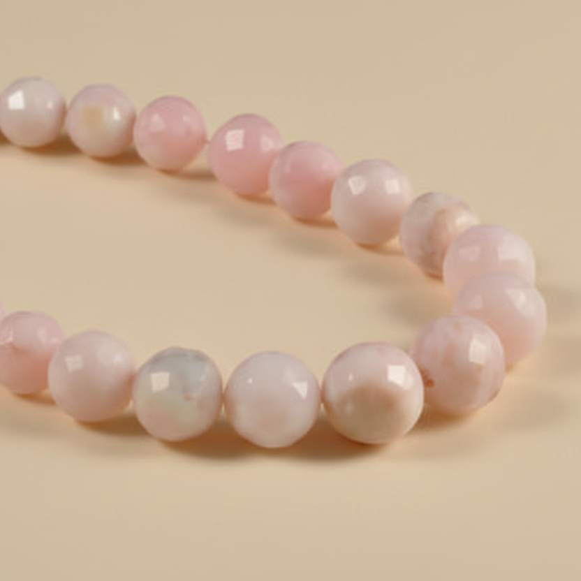 Pink beaded bracelet on a beige background