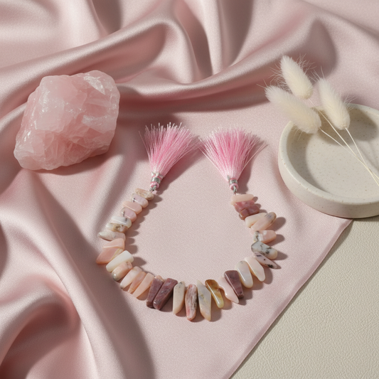 Necklace with pink tassels on a pink fabric background