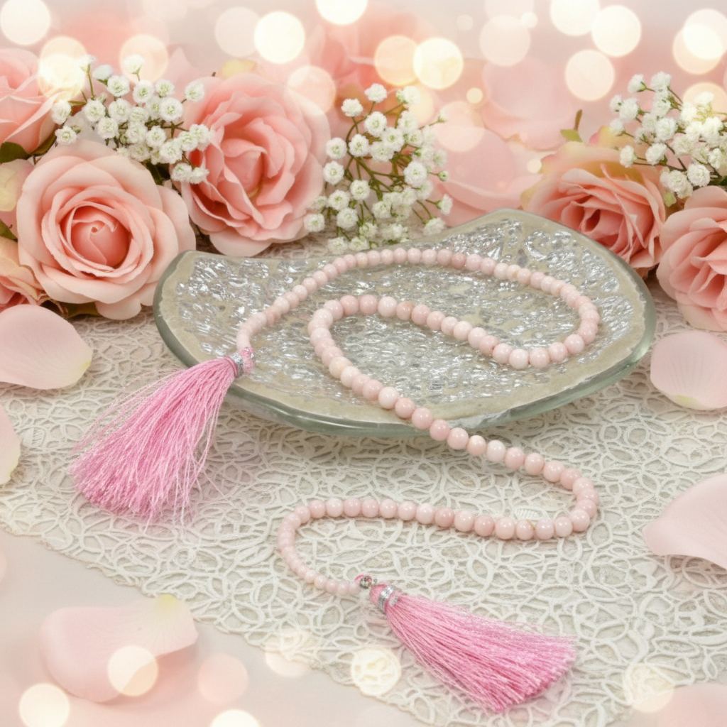 Pink beaded necklace with tassels on a decorative surface with flowers and lights.
