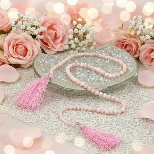 Pink beaded necklace with tassels on a decorative surface with flowers and lights.