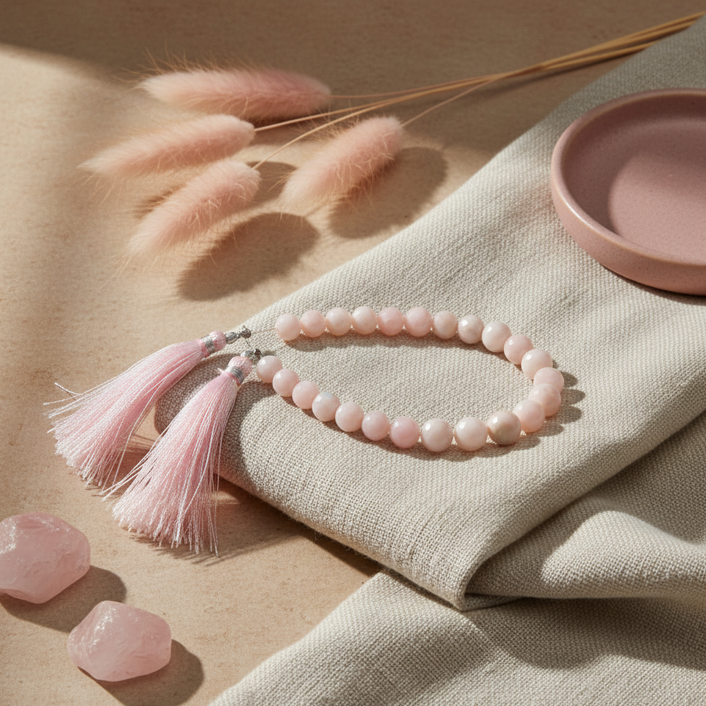 Pink beaded necklace with tassels on a beige fabric background