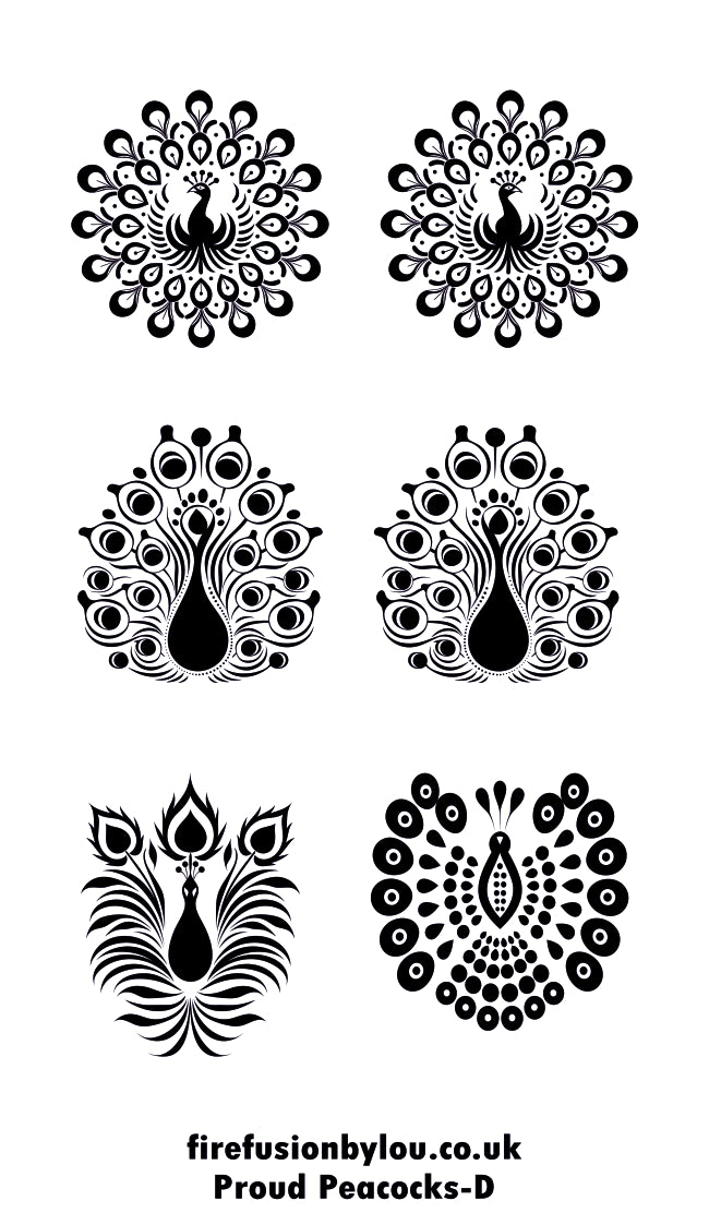 Six black peacock designs arranged in a 3x2 grid on a white background, with the text 'firefusionbylou.co.