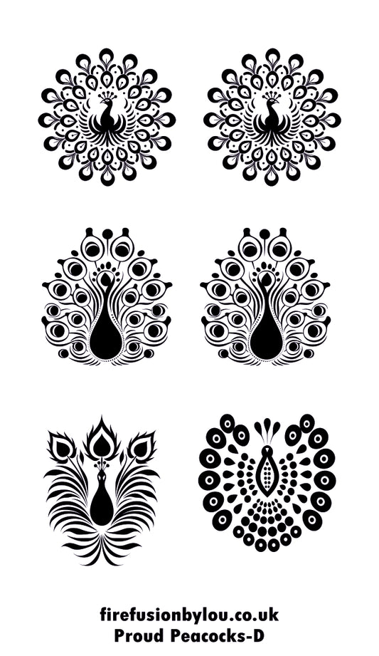 Six black peacock designs arranged in a 3x2 grid on a white background, with the text 'firefusionbylou.co.