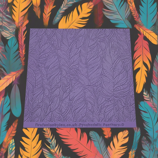 Colourful feather pattern with a purple textured mat.